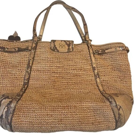 Coach Straw and Python Embossed Leather Trim Natural Large Tote 16838 - Picture 12 of 15